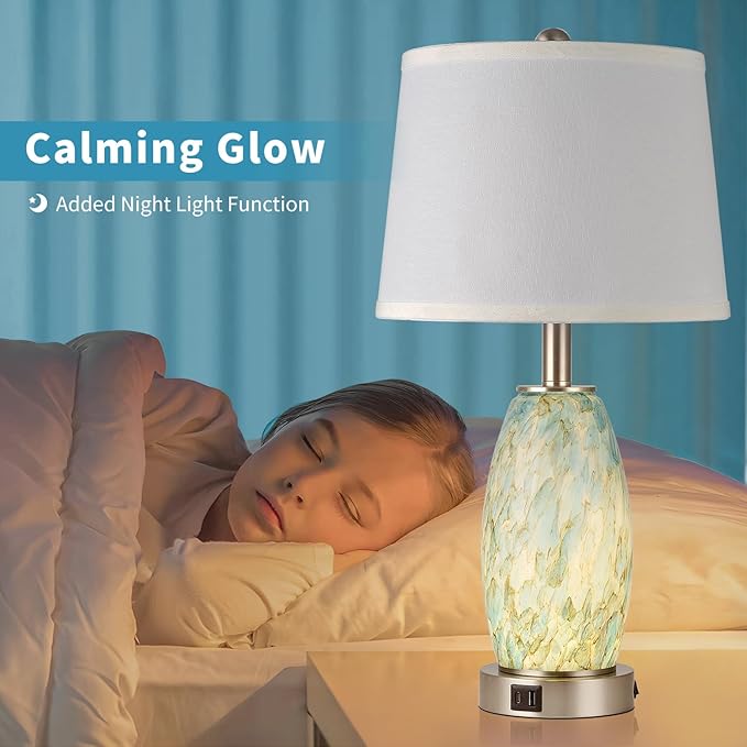 Table Lamps Set of 2 with 3-Way Lighting Modes, USB & Type C Ports - Coastal Modern Style Glass Nightstand Lamps for Living Room & Bedroom Decoration (23.5" H)