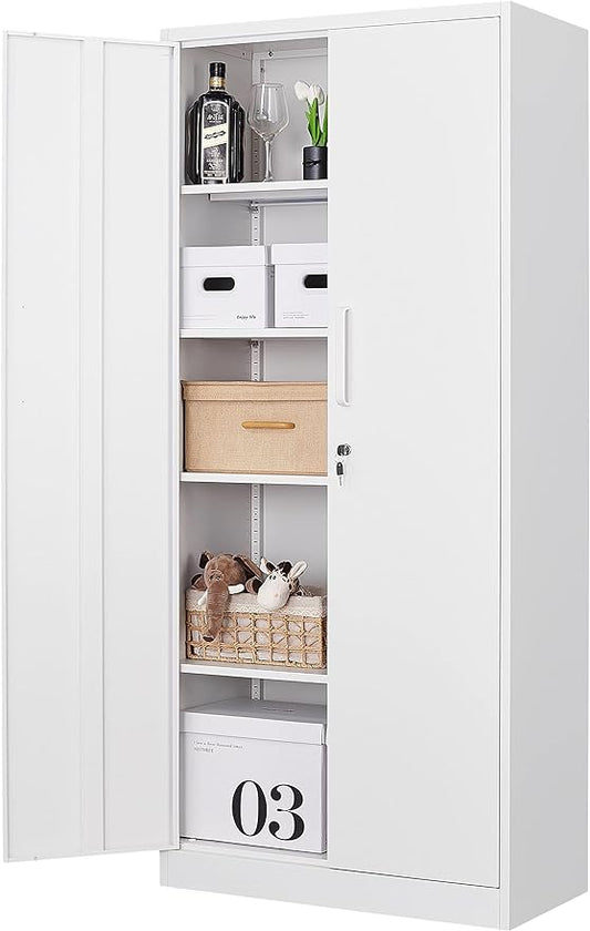 Metal Storage Cabinet-71” Tall Steel File Cabinets with Lockable Doors and Adjustable Shelves-White Steel Storage Cabinet for Home, School, Office, Garage