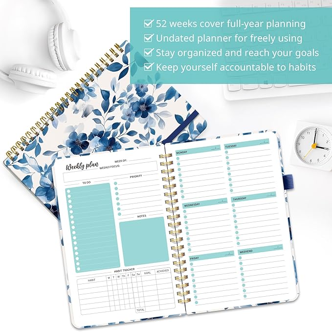 Undated Weekly Planner, Weekly To Do List Notebook with Goal & Habit Tracker Organizer, A5 Weekly Planner Notebook with Spiral Binding, 6.1" x 8.2" - Blue Blossom