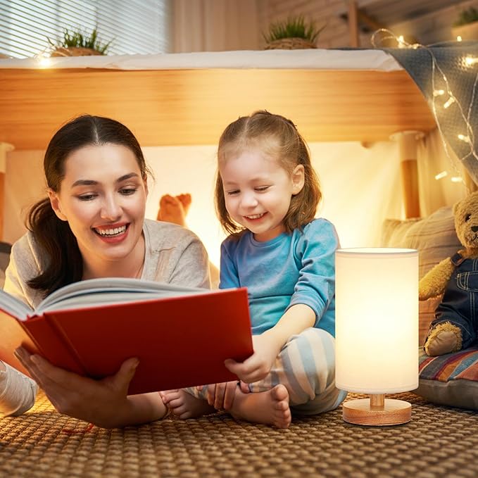 Small Table Lamp for Bedroom - Inline Control, Bedside Lamp with 3000K A15 LED Blub, Easy Assembly (White Shade - Wood Base, 9" Inline Control)