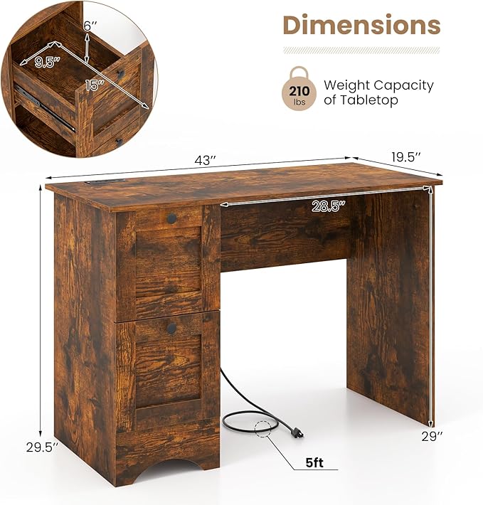 Tangkula Computer Desk with Drawers & Charging Station, Wooden Home Office Desk PC Laptop Notebook Desk, Compact Study Desk Writing Desk, Computer Workstation Ideal for Home & Office (Rustic Brown)