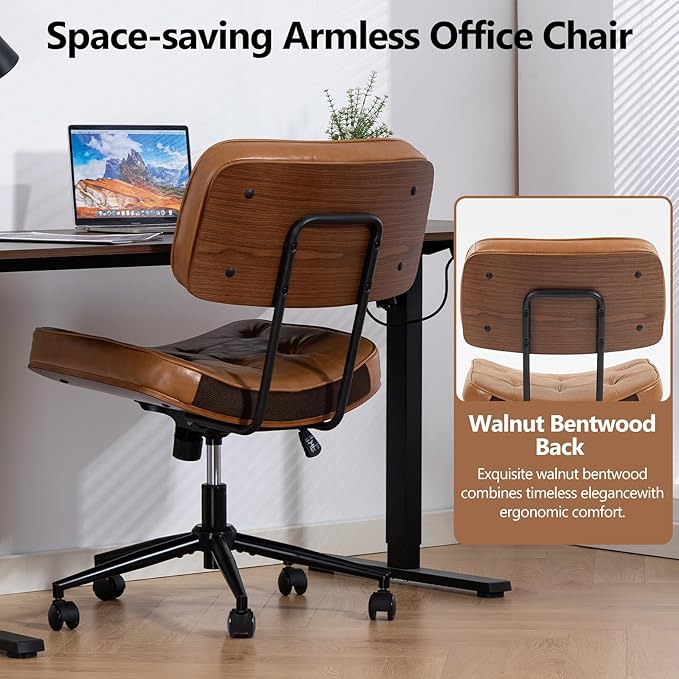 Armless Computer Chair, Small Desk Chair with Wheels and Adjustable Height, PU Leather Modern Swivel Walnut Task Chair for Home Office, Study, Library,Brown