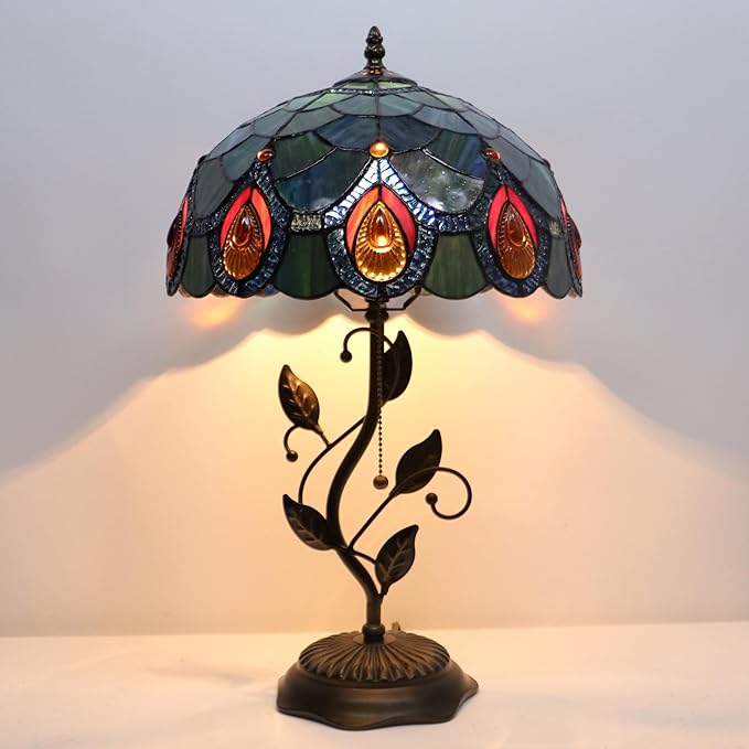 Tiffany Table Lamp, Stained Glass Style Desk Lamp, 12X12X19 Inch,Bedside Reading Light, Metal Leaf Base(Brown Crystal)