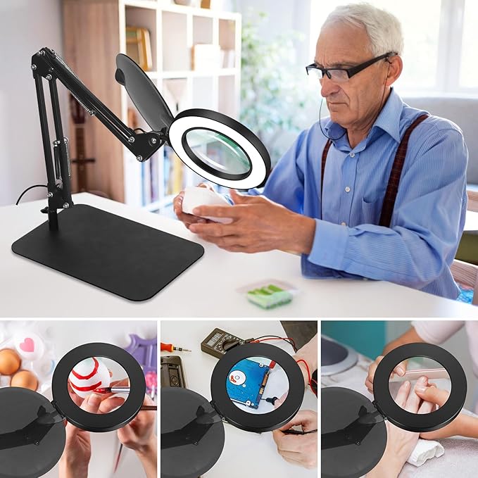 Magnifying Glass with Light, EOOKU 3-in-1 Magnifying Desk Lamp 5X LED Magnifying Lamp with Heavy Base & Clamp, 5 Color Modes Stepless Dimmable, Magnifier Light for Soldering Craft Workbench