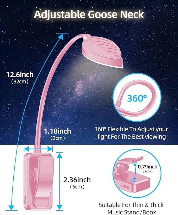 Rechargeable Book Lights for Reading at Night - Eye,3 Color Temperatures,3 Brightness Levels,Flexible Goose Neck Clip on Light,Reading Lights for Books in Bed with Power Indicator Bookworms (Pink)