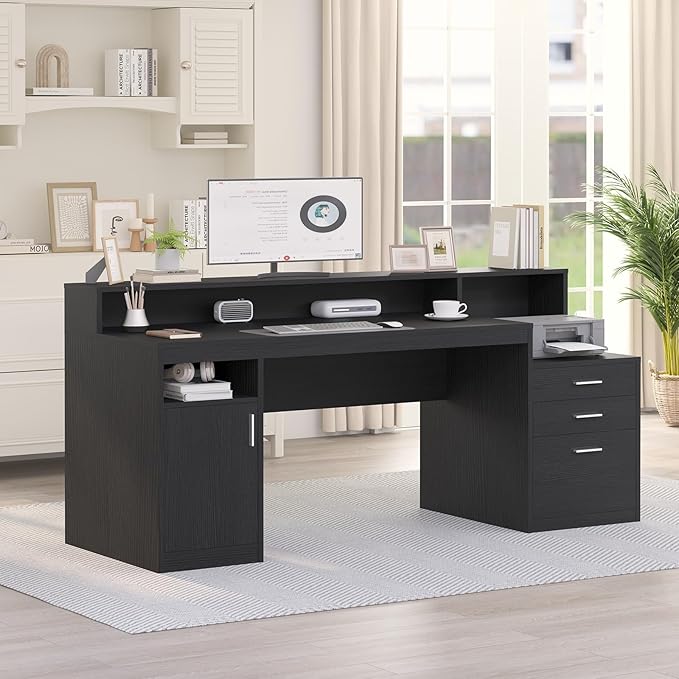 Computer Desk with 3 Drawer & Storage Shelves, Home Office Desk with File Drawer & Cabinet, Writing Study Table with Long Monitor Stand & Printer Shelf, Executive Desk, Black