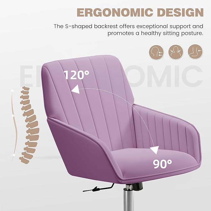 YISHENG Velvet Office Desk Chair with Silver Base, with Wheels,Modern Height Adjustable 360 Degree Swivel Upholstered Vanity Chairs with Arms for Living Room Bedroom,Light Purple