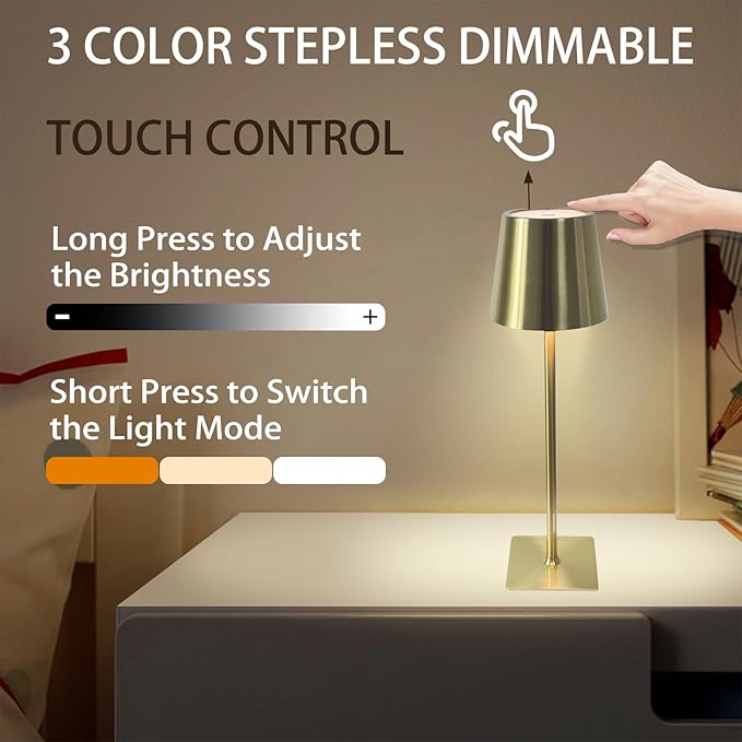 MIOBLUE 2 Rechargeable Desk Lamps, Portable LED Desk Lamps, Powered by 5200mAh Batteries, with Three Color stepless dimming, Suitable for bedrooms/Restaurants/desks, bar counters (Gold)