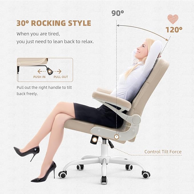 SEATZONE Home Office Chair–Beige Velvet Desk Chair with Wheels, Comfortable Computer Work Chair with Flip-up Arms and Adjustable Tilt