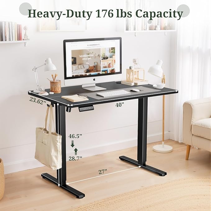 40 x 24 in Electric Standing Desk - Memory Height Adjustable Ergonomic Sit-to-Stand Rising Computer Table Gaming Workstations with 2 Hooks and Wire Hole for Home Office, Black