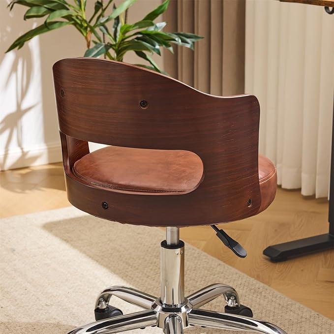 VINGLI Armless Home Office Desk Chair, Adjustable Swivel Chair,Dual-Use with/no Wheels,Small Retro Designed Walnut Curved Task Chair,Cushioned Nail Tech Chair for Study Area,Workspace,PU,Brown