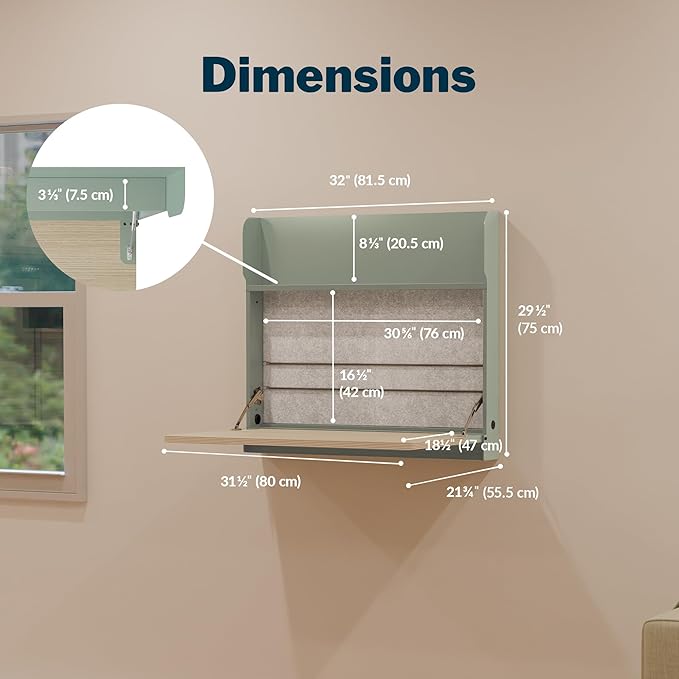 Vari Hide-Away Wall Mounted Floating Desk - 32” Foldable Murphy-Style Desk for Bedroom, Dorm, Apartment + Cable Ports, Bungee Storage, Shelf, 100 Lb Capacity + Simple Assembly (Seafoam/Light Wood)
