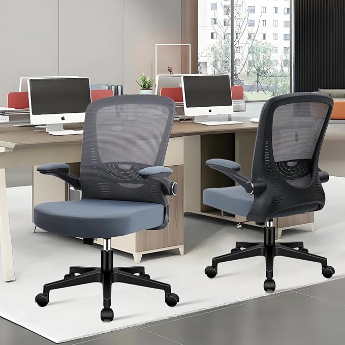 CLATINA Desk Chairs with Wheels, Ergonomic Rolling Mesh Office Chair Adjustable Height and Lumbar Support Home Office Computer Chair with Flip Up Armrests, Grey 2PK