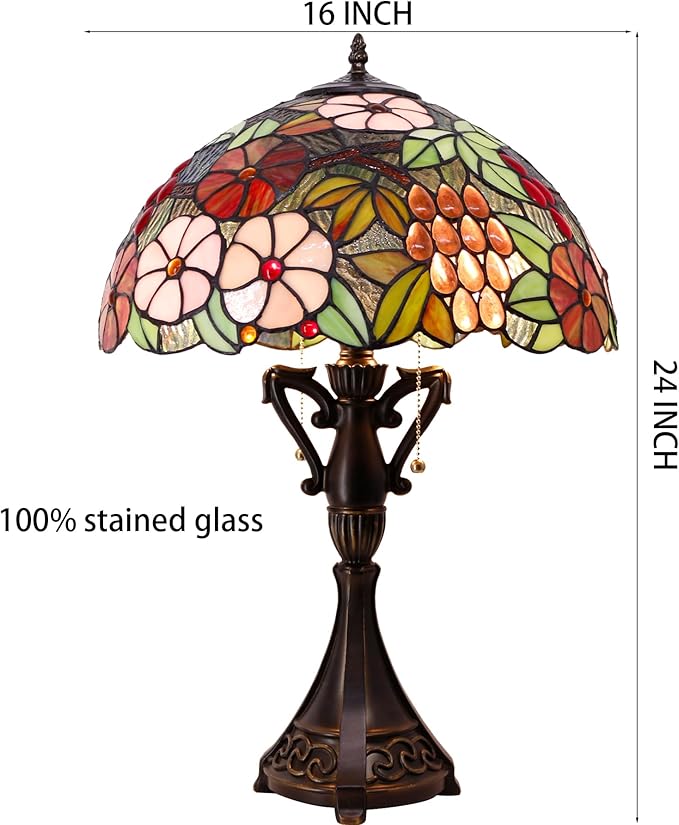 Tiffany Table Lamp 24 Inch High Antique Stained Glass Green Purple Grape Desk Reading Light Wide 16 Inch for Bedroom Living Room Home Office