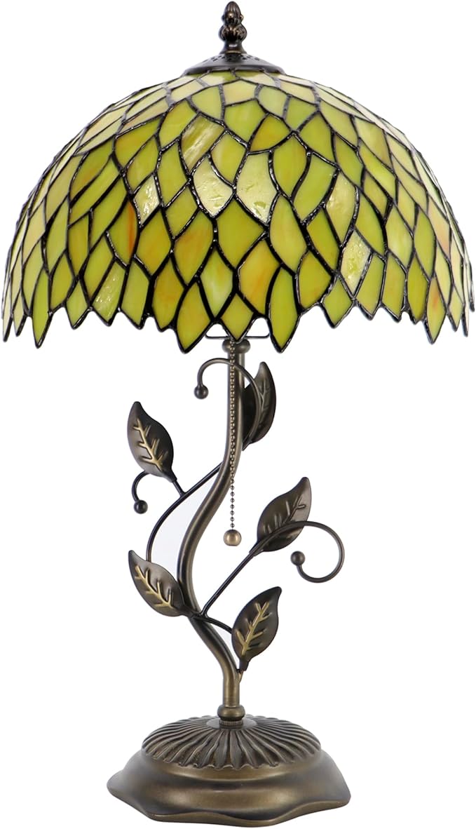 Tiffany Lamp Stained Glass Table Lamp Desk Bedside Reading Light 12X12X19 Inches with Metal Leaf Base(Yellow Wisteria)