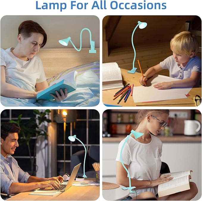 Reading Light for Bed, Clip-on Desk Lamp with Flexible Neck, 3 Color Modes & 10 Dimmable Brightness, Teal
