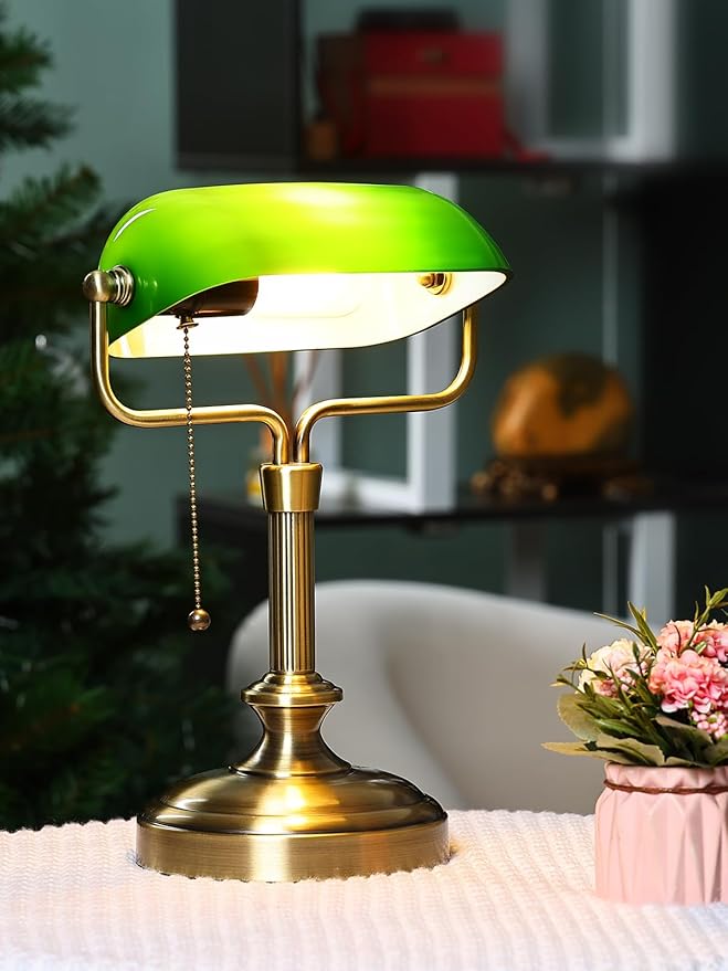 Traditional Banker's Desk Lamp with Glass Shade,Pull Chain Switch, LED Bulb Included (Antique Bronze+Green)