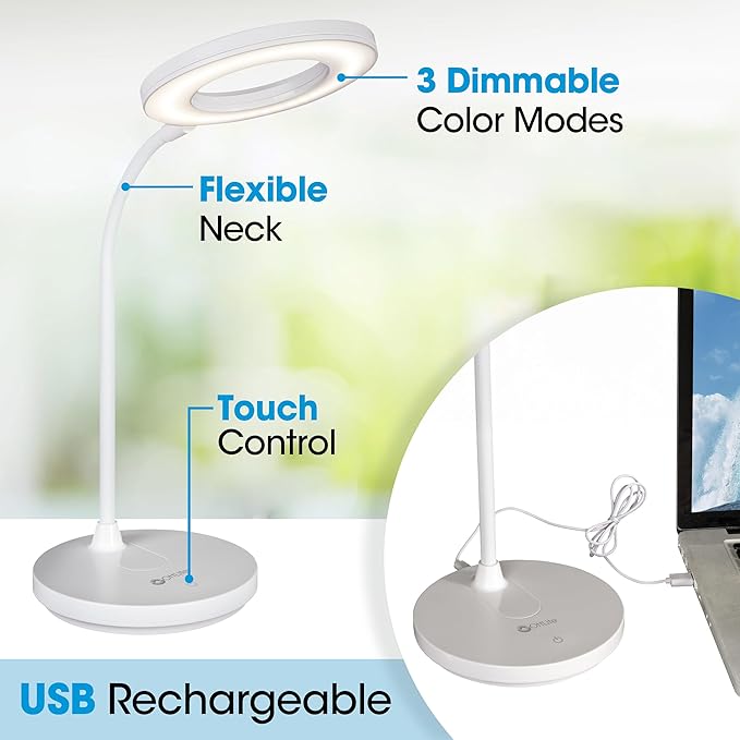 OttLite Vibe LED Ring Light, Rechargeable and Portable, 3 Color Temperatures, Book Light, Table Lamp Reading, Work, Desk Lamp for Home Office or Bedside
