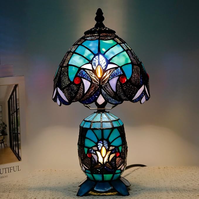 Small Tiffany Lamp Stained Glass Table Lamp Mini Mother Daughter Vase Desk Accent Light for Bedroom Bedside Reading Home Antique Style Decor 8X14 Inches (Green)