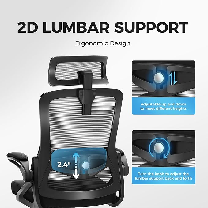 MAISON ARTS Ergonomic Office Desk Chair, Breathable Mesh Computer Chair with Adjustable Lumbar Support, Headrest and Flip up Armrests, Comfortable Task/Executive Chair for Home Office