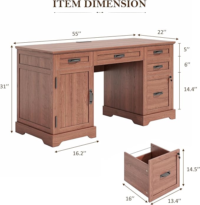 Whalefall 55'' Farmhouse Desk Home Office with Drawers, Executive Computer Desk Wooden with File Cabinet and Charging Station, Cherry Brown