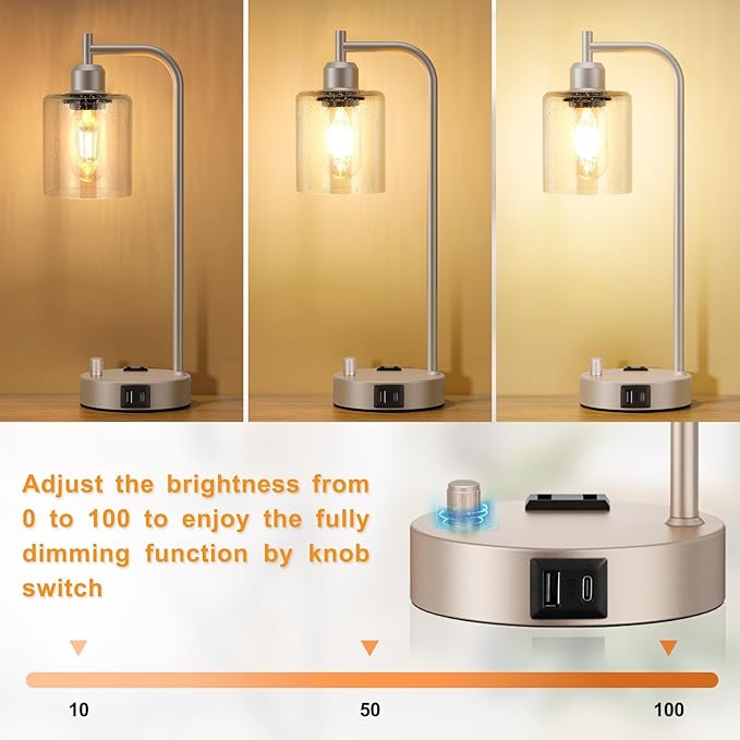 Industrial Table Lamps for Bedrooms Set of 2 - Fully Dimmable Bedside Lamps with USB Ports and Outlet, Champagne Gold Nightstand Lamps with Glass Shade for Living Room, Desk Lamps for Office Reading