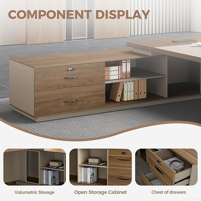 Premium Executive Desk, Modern L Shape Office Executive Desk with Drawers, Lockable Storage & Cable Management (Champagne Wood Grain+Beige/Right,79" L*63" W*30" H)
