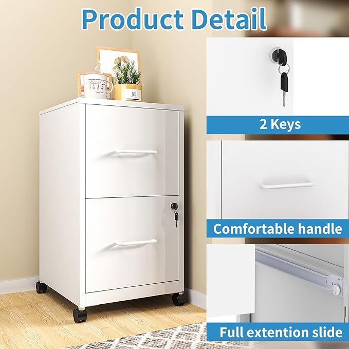 2 Drawer File Cabinet with Lock,Small Rolling Metal Office Storage Mobile Filing Cabinet Under Desk,Vertical Locking File Cabinets with Wheels for Home Office,Legal Required Assembly,White