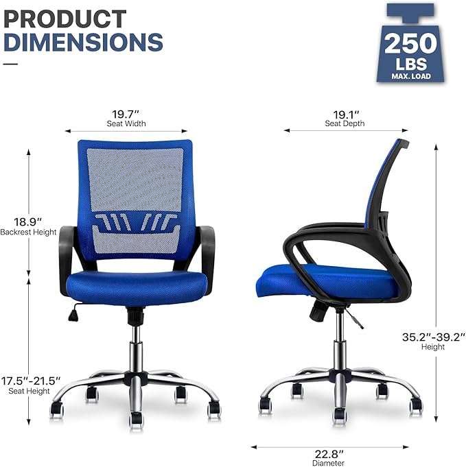 MoNiBloom Mesh Office Chair, Mid Back Computer Chair with Ergonomic Design Rolling Swivel Chair with Lumbar Support, 250 lbs Capacity, Sapphire