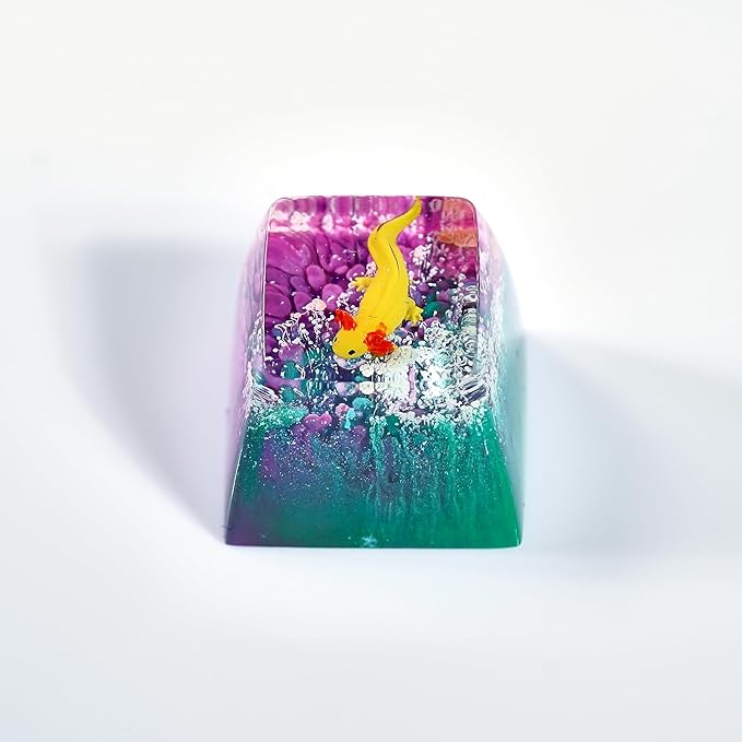 Yellow Axolotl in Blue Purple Ocean Artisan Keycap R1 SA Profile Custom Animal Axolotl Keycap 1U ESC Handmade Resin Compatible with Cherry MX Mechanical Keyboard for Axolotl Lover