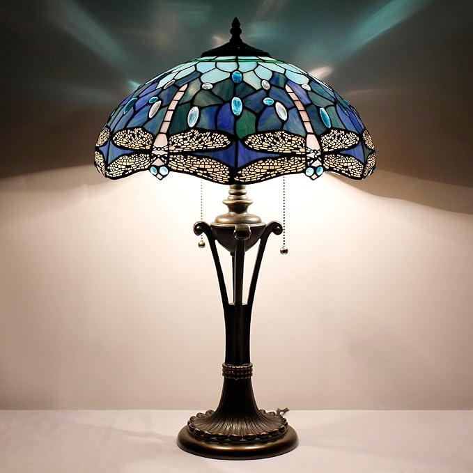 Tiffany Table Lamp Blue Stained Glass Desk Lamp 16X16X24 Inches Dragonfly Style Reading Light