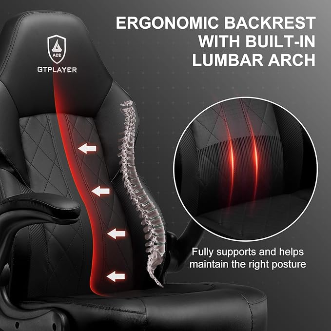 GTPLAYER Video Gaming Chair, Ergonomic Computer Gaming Chair with Flip-Up Armrests and Adjustable Height, Comfortable Desk Chairs with Built-in Lumbar Support, Recliner with 360°Swivel (Dark Black)
