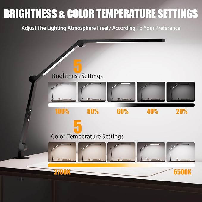 LED Desk Lamp with Clamp, Architect Desk Lamp with Dual Light & Adjustable Flexible Swing Arm, 5 Color Mode & Brightness, Eye Caring Table Light with Memory Function for Home Office Painting Drafting