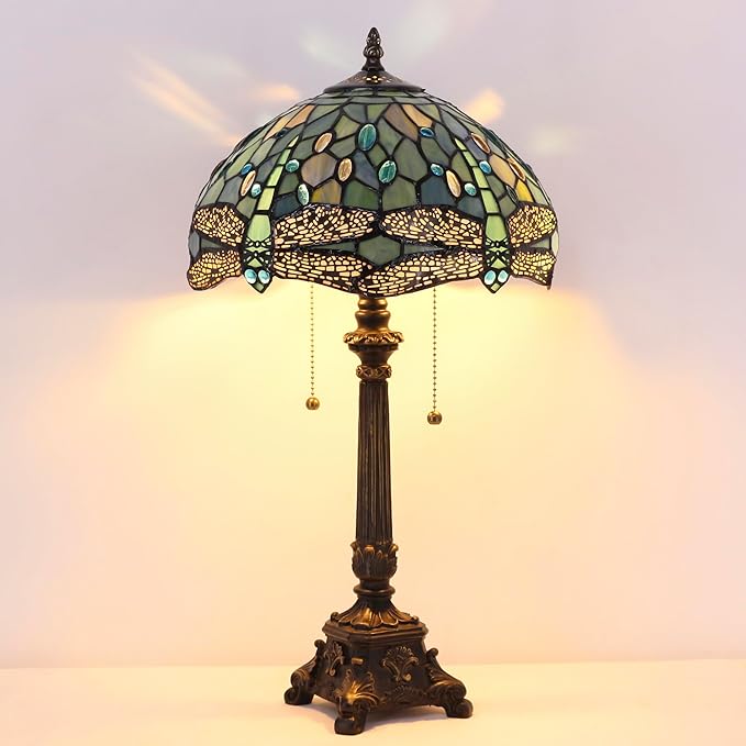 Tiffany Table Lamp Sea Blue Stained Glass Desk Lamp 12X12X21 Inches Dragonfly Style Reading Light