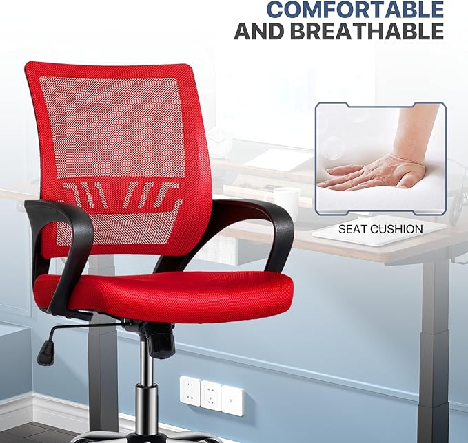 MoNiBloom Mesh Office Home Chair, Mid Back Ergonomic Rolling Swivel Chair with Padded Seat and Armrest, 250 lbs Capacity, Red