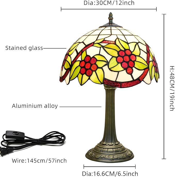 Tiffany Lamp Stained Glass Table Lamp 12 Inch Green Leaves Red Grapes Retro Art Nouveau Bedside Lamp for Living Room Bedroom Study Office Coffee Shop Cafe Home Decor Vintage Tiffany Style Lamp Gift