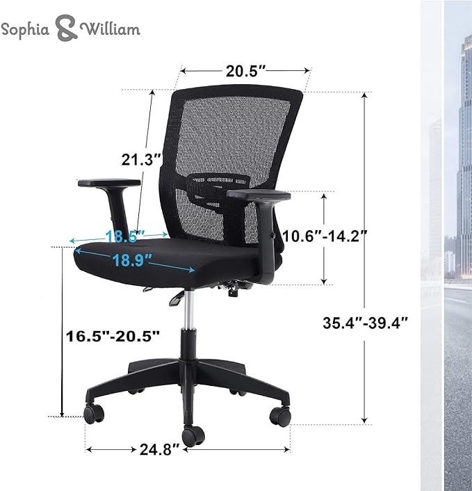 Sophia & William Ergonomic Mesh Office Desk Chair High Back, Modern 360° Swivel Executive Computer Chair with Height Adjustable Armrests, Lumbar Support, Black - 1 Pack, Load Capacity: 300 lbs