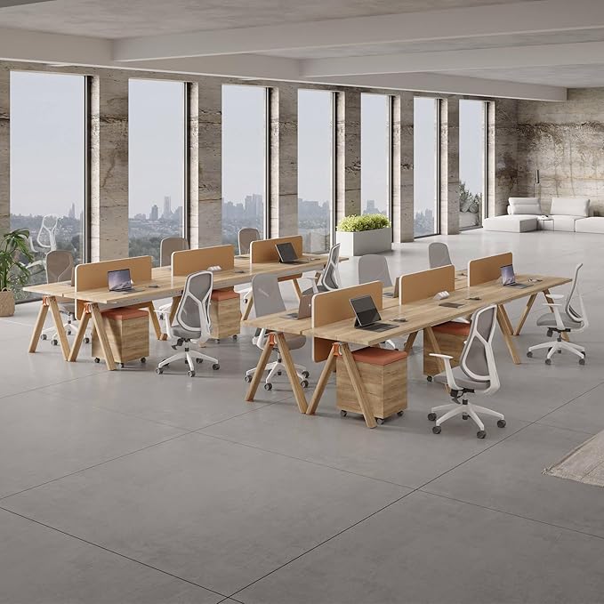 SAINTCY 6 Person Office Workstation Desk with Wheeled Cabinet, Partition Dividers & Built-in Power Outlets, Modular Offices Workstation for Collaborative Workspaces, Office Staff Desks with Storage