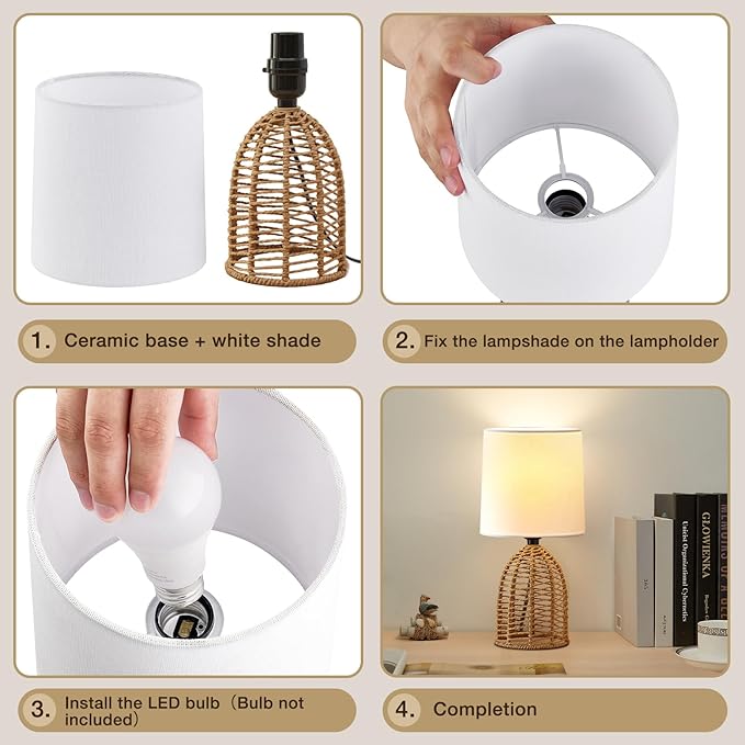 Rattan Lamp Boho Lamps Set of 2-13.75" Mini Farmhouse Table Lamp Rustic End Table Decorative Small Lamps for Small Spaces Bedroom Nightstand Living Room Reading Desk Side Table Lamp