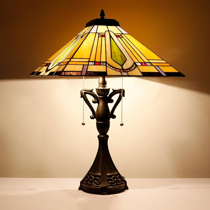 Tiffany Table Lamp Stained Glass Geometry Mission Style Desk Reading Light 16X16X24 Inch for Bedroom Living Room Home Office