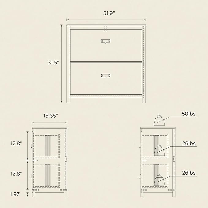 Wood File Cabinet, Modern Large Vertical File Cabinet with 2 Drawers, Adjustable Hanging File Folders, for A4, Legal, Letter Sized Documents for Home Office Black