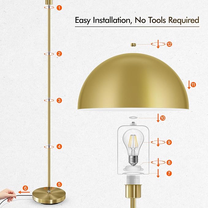 Gold Floor Lamp, 65.6in Floor Lamps for Living Room with Mushroom Dome Shade, Industrial Metal Standing Lamp, Mid Century Modern Floor Lamp for Bedroom/Office, E26 Socket, No Bulb
