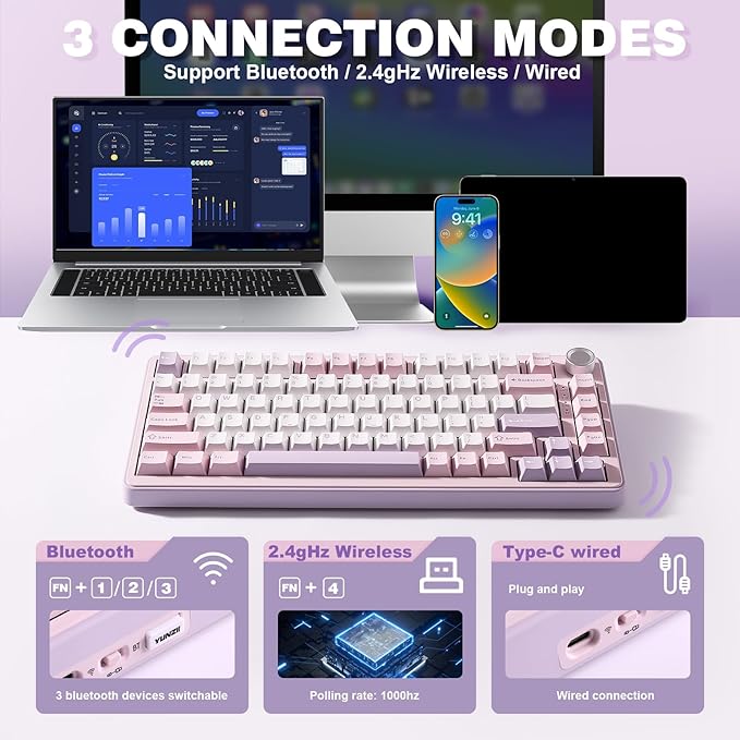 YUNZII B75 PRO Wireless Mechanical Keyboard,75% Layout with Knob,Hot Swap Gasket Custom Structure,Creamy Pre-lubed Switches,RGB Backlit,Bluetooth/Type-C/2.4G for Win/Mac(Cocoa Cream V2 Switch,Purple)
