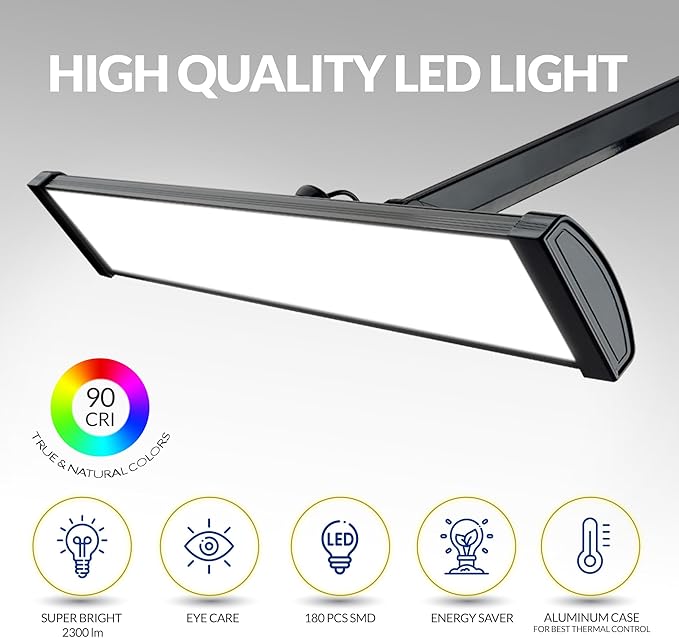 Ultra Bright 2300 Lumens Powerful Professional Eye Care LED Desk Lamp - Brightness Adjustable, Modern Task Light for Home, Beauty, Crafting, Office, Workbench (Daylight, Dimming, Black)