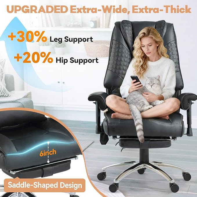 Massage & Heated Office Chair with Foot Rest, Ergonomic Executive Office Chair with Reclining Backrest, Adjustable Arms and Lumbar Support, High Back Leather Desk Chairs for Home Office, Black