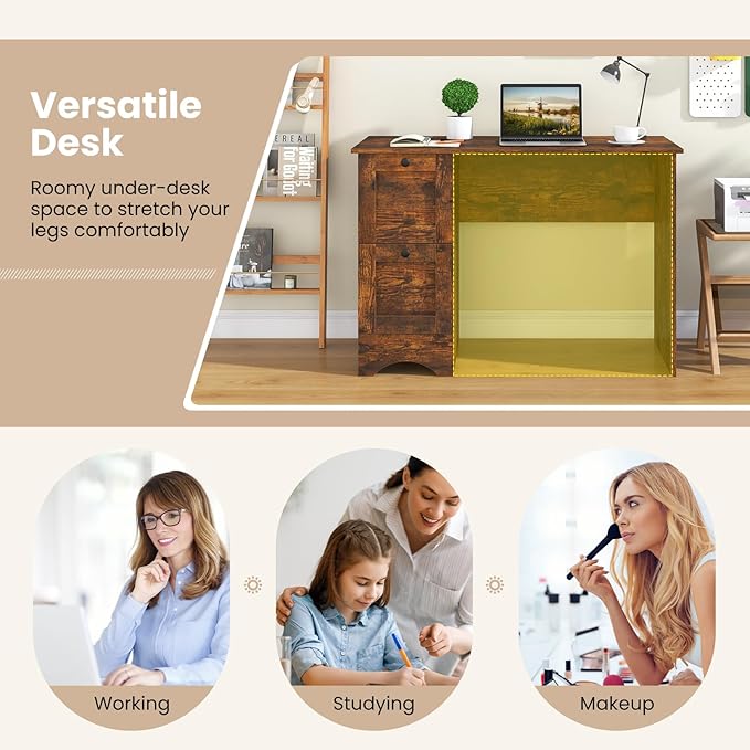Tangkula Computer Desk with Drawers & Charging Station, Wooden Home Office Desk PC Laptop Notebook Desk, Compact Study Desk Writing Desk, Computer Workstation Ideal for Home & Office (Rustic Brown)