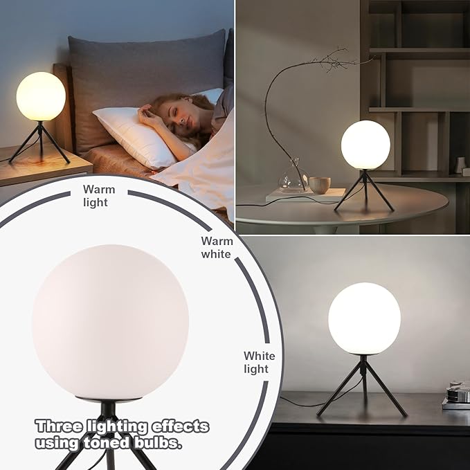 Modern Globe Table Lamp Milk White Glass Table Lamp Small Bedside Lamp Nightstand Lamp with Black Tripod Base Minimalist Ball Reading Desk Lamp for Bedrooom Living Room Office Study Room