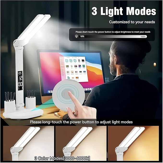 2025 Small Cute LED Desk Lamp for Home Office Essentials, Multifunctional Portable Table Lamp with Touch Sensor, Eye-Care Architect Light/3-Levels Brightness USB Lamps/Night Light(White)