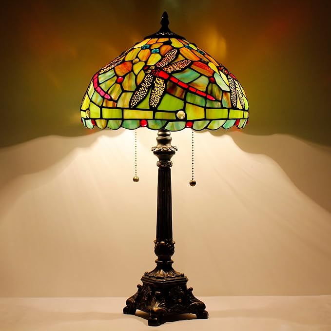 Tiffany Table Lamp Green Red Stained Glass Desk Lamp 12X12X21 Inches Dragonfly Style Reading Light
