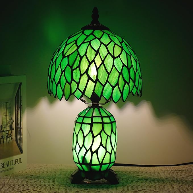 Small Tiffany Lamp Stained Glass Table Lamp Mini Mother Daughter Vase Desk Accent Night Light for Bedroom Bedside Reading Home Antique Style 8X14 Inches (Green Wisteria)